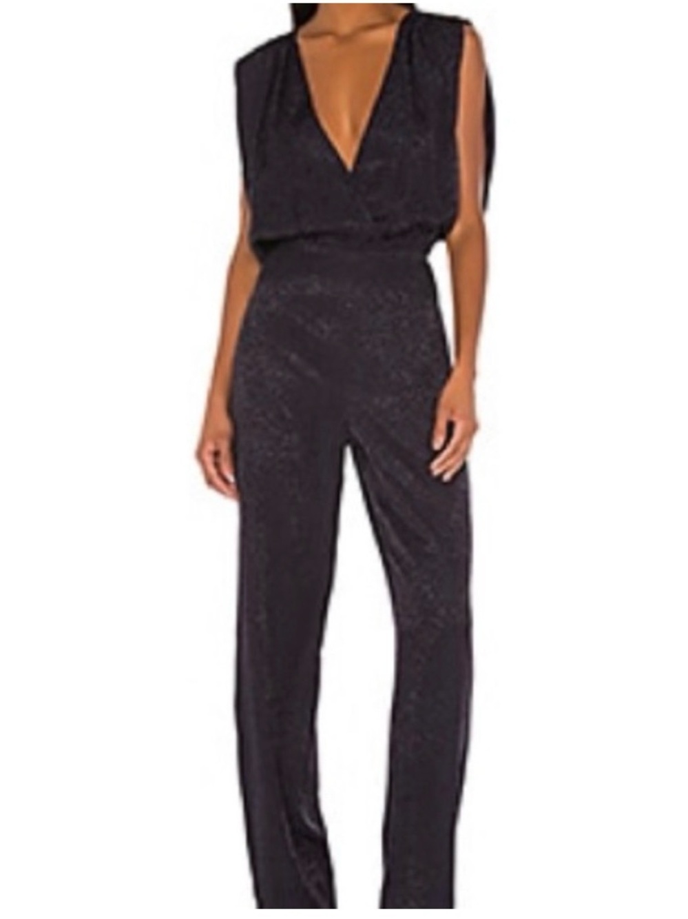 LPA revolve Black Jacquard Deep V Jumpsuit Romper XS Wide Sleeve